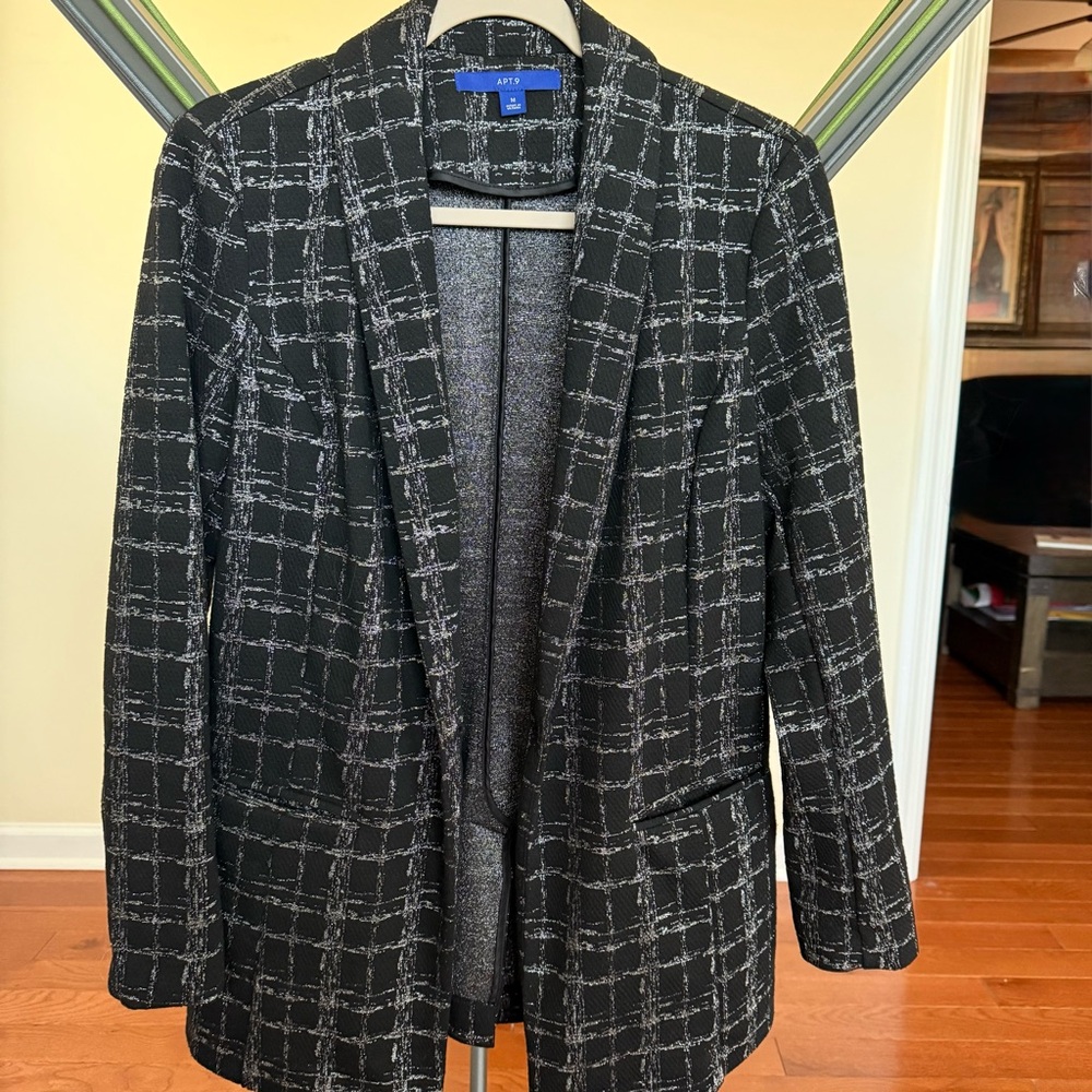 APT. 9 Ponte Stretch Knit Jacket Shine Plaid M Black & Silver